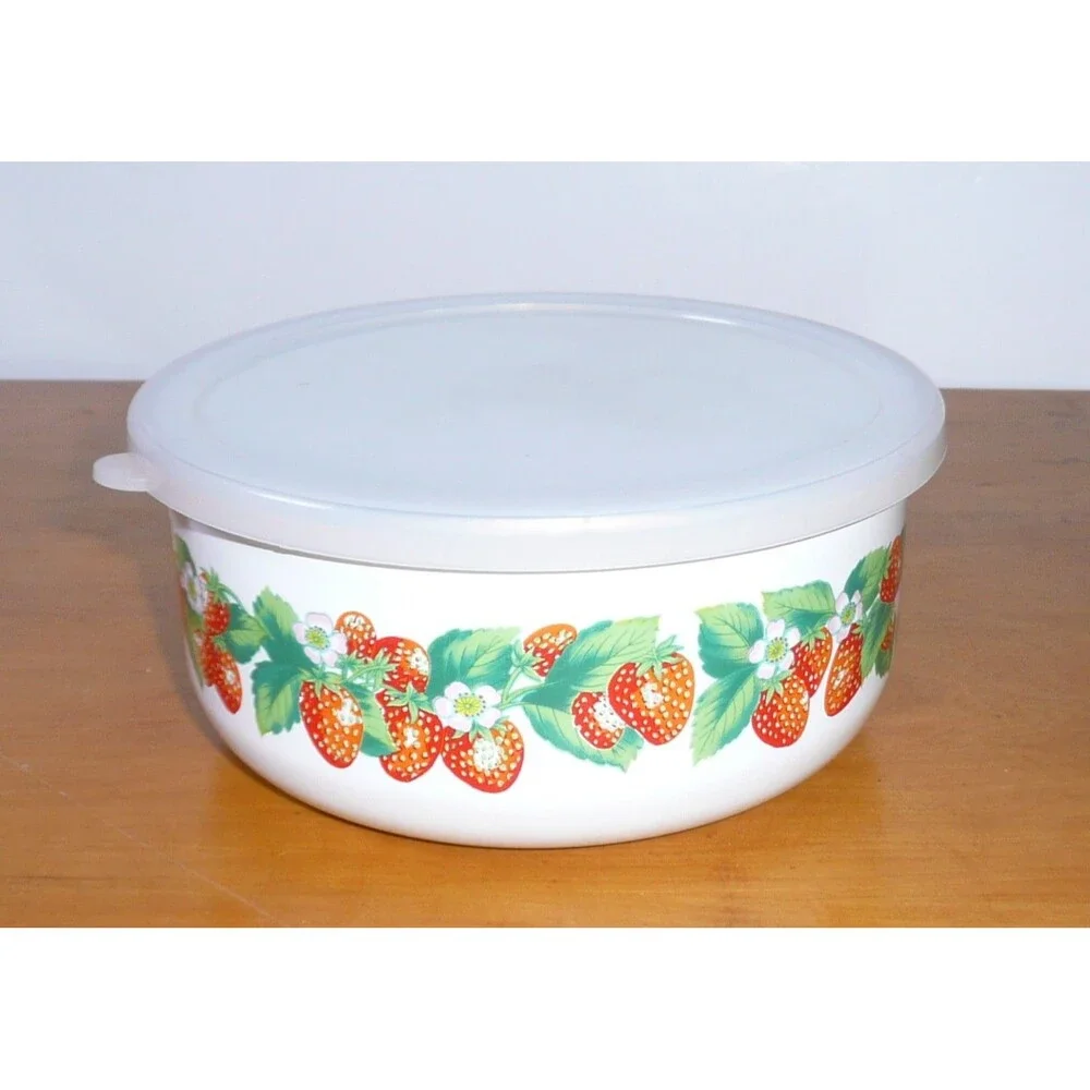 Kobe Kitchen Enamel Metal Mixing Bowls Set Of 3 Strawberry Vintage With Lids
